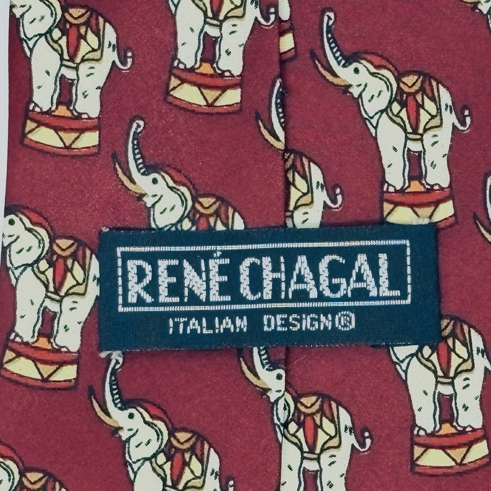 Rene Chagal Silk Italian Design Necktie Animal Print Elephants Handmade Maroon - Picture 4 of 7